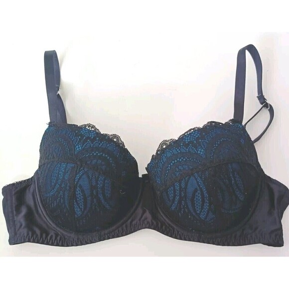Frederick’s of Hollywood Bra Size 36C Black and Teal Lace Balconette Underwired - Picture 1 of 9